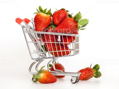 Large ripe strawberry in the cart for shopping