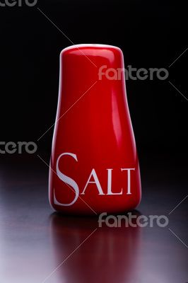 Red salt-cellar, pepper-box on dark background