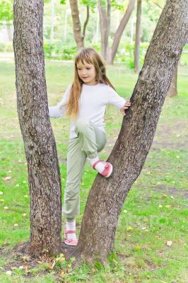 Cute girl in summer sit on tree