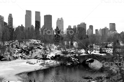 Gapstow bridge and upper west side in black and white