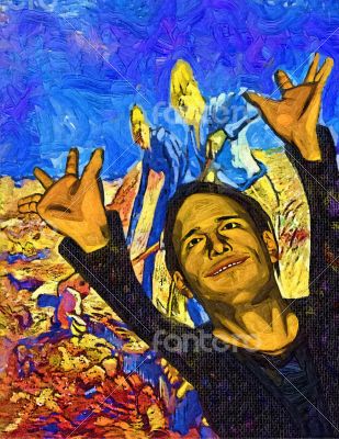 Colorful Artwork of Joyful Man with Arms Raised