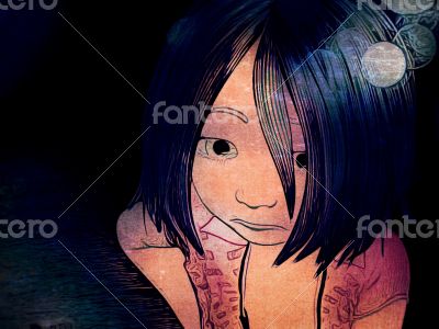 Cartoon Drawing of Young Sad Girl