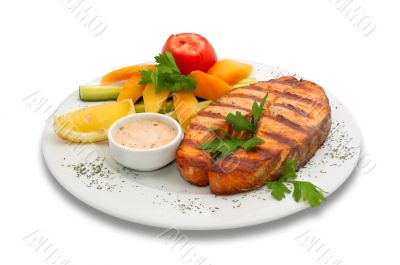 grilled sturgeon fish with vegetables