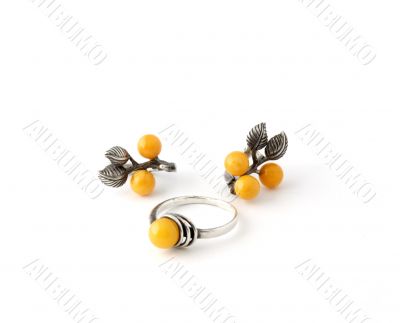 Silver ring and ear-rings with yellow stones