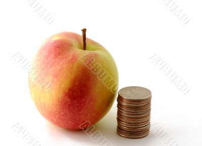 Red green apple with coins