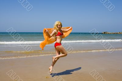beach, girl, ocean, sea, sand, sun, jump