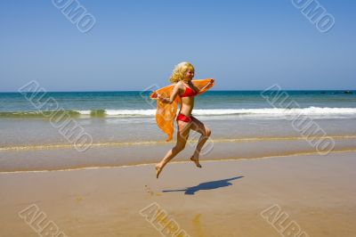 beach, girl, ocean, sea, sand, sun, jump