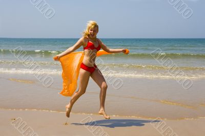 beach, girl, ocean, sea, sand, sun, jump