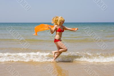 beach, girl, ocean, sea, sand, sun, jump