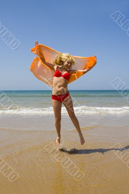 beach, girl, ocean, sea, sand, sun, jump