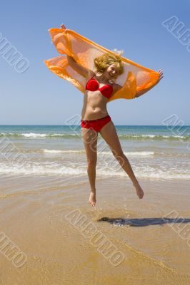 beach, girl, ocean, sea, sand, sun, jump