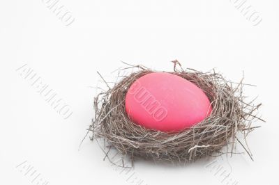 a pink easter egg in a birds nest