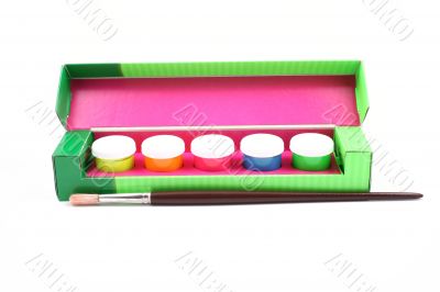 box of colorful paints and brush isolated on white