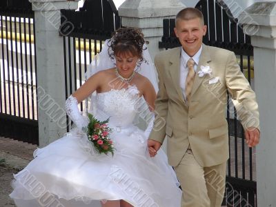 Running young happy adult just married newlyweds
