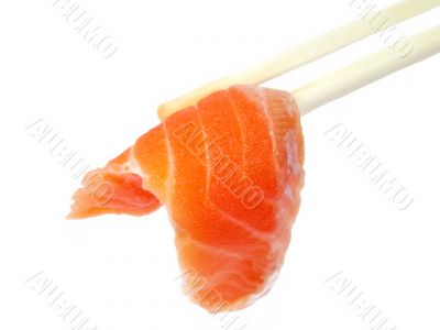 Salmon meat in chopsticks