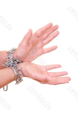 two hands with chain isolated on white