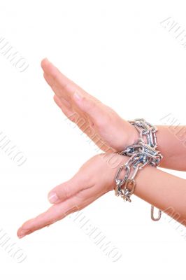 two hands with chain isolated on white