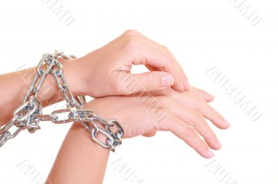 two hands with chain isolated on white