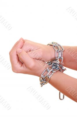 two hands with chain isolated on white