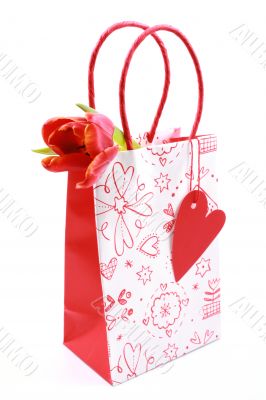 nice shopping bag with tulip isolated on white