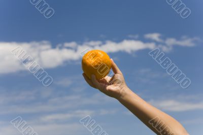 hand keeps orange on background sky