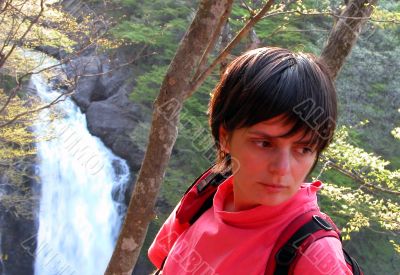 Girl forest and waterfall