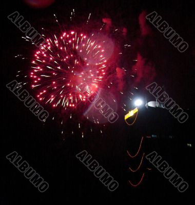 Night celebration fireworks upon dark sky