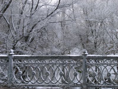 Spring snowy morning riverside
