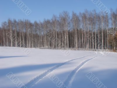 Winter snowy road thru white field