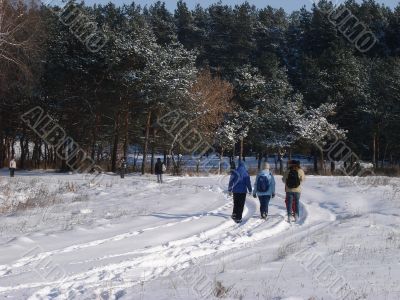 Group walking by winter snowy road