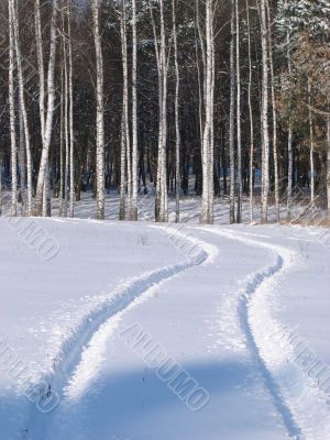 Winter snowy road thru white field