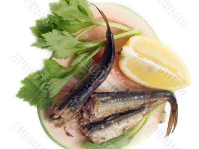 Sprats a lemon pummelo and leaves