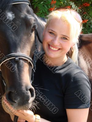 Blond Female Model with Dark Horse