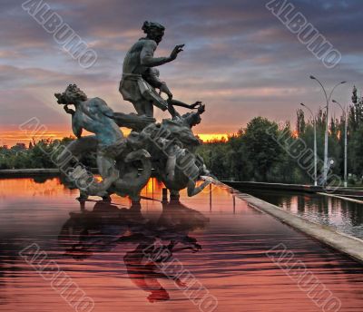 Fountain sculpture in sunrise light