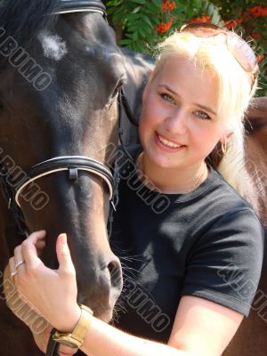Blond Female Model with Dark Horse