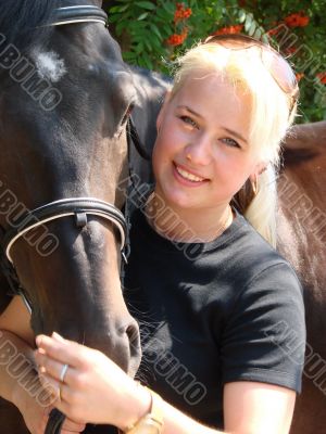 Blond Female Model with Dark Horse