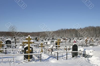 snow-clad graveyard in winter