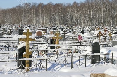 snow-clad graveyard in winter