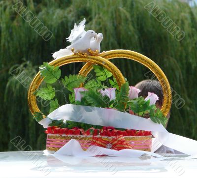 Wedding decorations with pigeons and gold rings