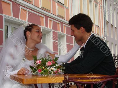 Young happy adult married newlyweds couple