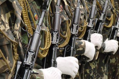 Row of uniformed weaponed soldiers
