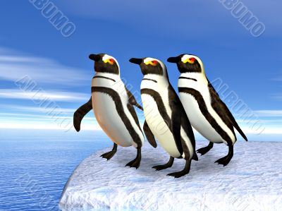 Three penguins standin on ice