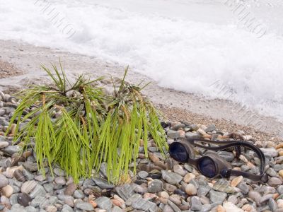 Glasses of the swimmer on a sea beach