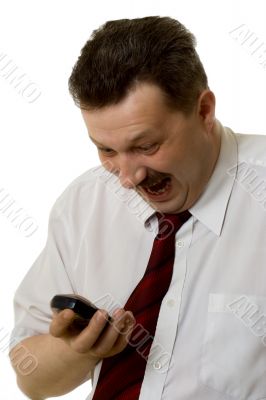 The man speaking by phone on a white background