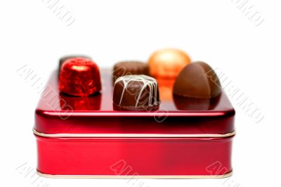 Assorted chocolates on a red box