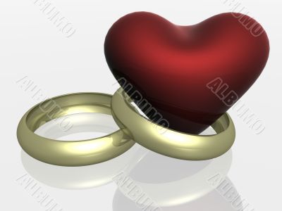 Two wedding rings with heart. the 3D  image.