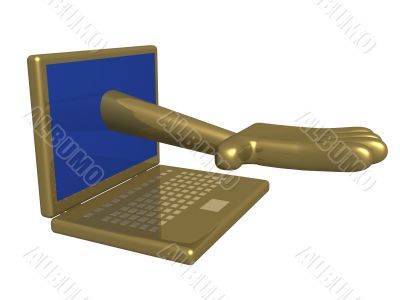 The stretched hand from a computer. 3d image.