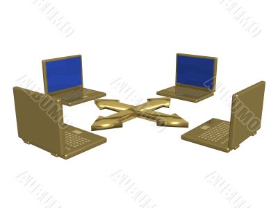 Computer network from laptops. 3d image.