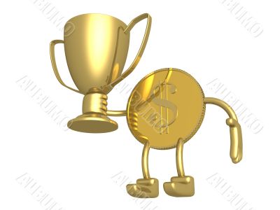 Champion cup in hands of gold dollar