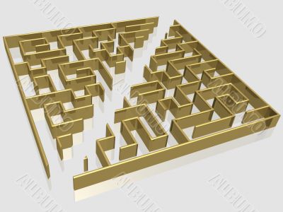 The gold labyrinth with reflection. 3D image.